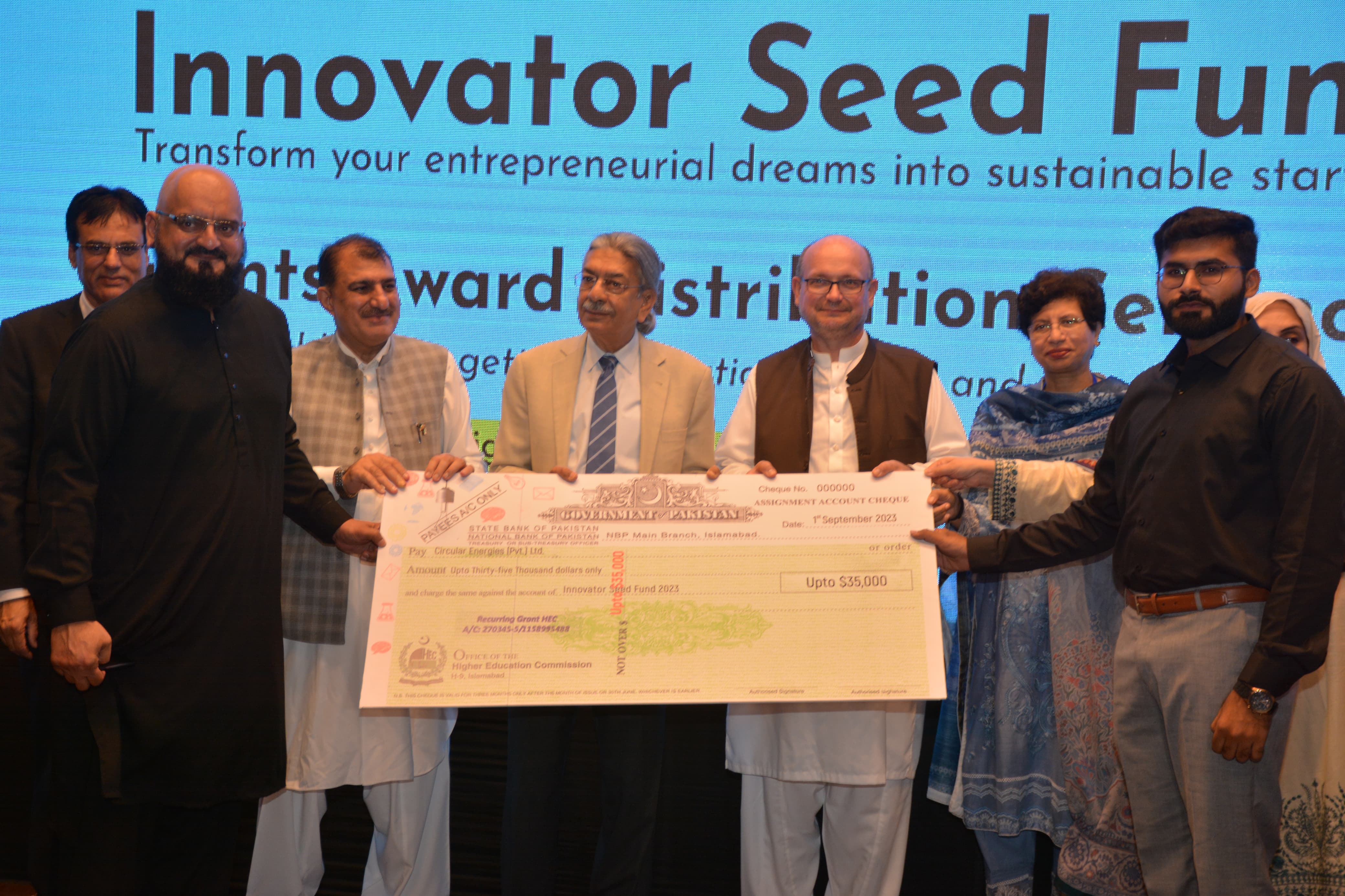 HEC Innovator Seed Fund award presentation involving the Circular Energies founder