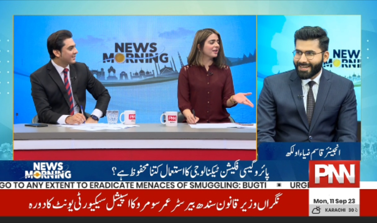 Television interview featuring Engr. Qasim Zia discussing Circular Energies